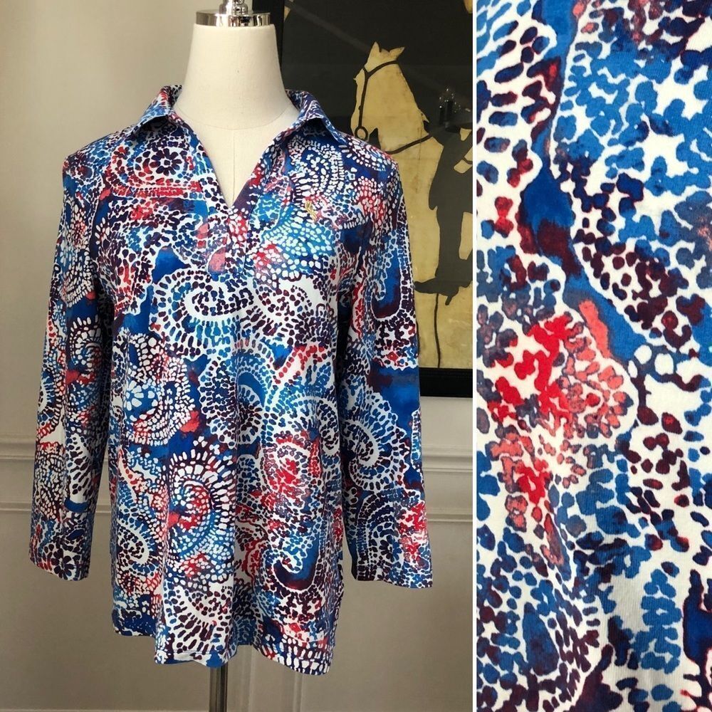 Pappagallo Preppy Print Split Neck Tunic S